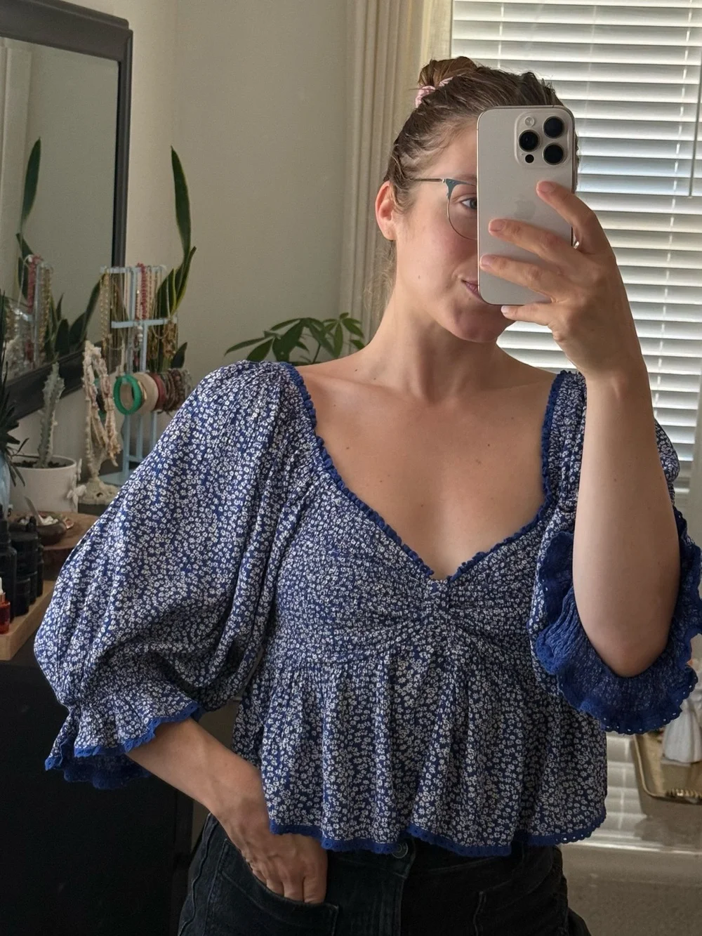 Free People Blue Floral Peasant Blouse